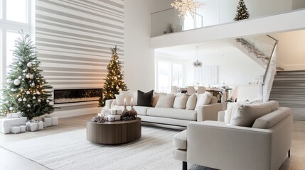 Sophisticated holiday decor with alternating white stripes and minimal Christmas touches for a sleek, contemporary festive feel