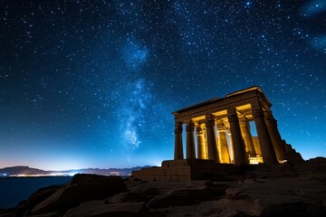 Starry skies stretching above an ancient temple, lending a mystical atmosphere to the historic site