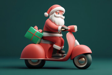  santa claus riding a red scooter with a christmas gift box on a green background