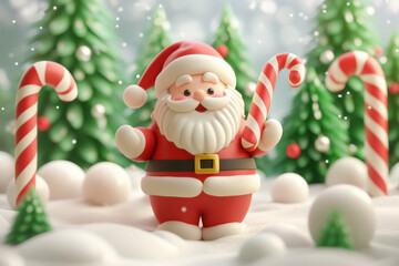 Obraz premium cute santa claus holding a candy cane in a snowy forest, surrounded by candy canes and christmas trees