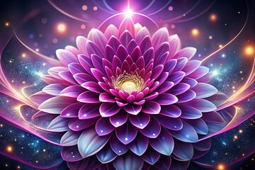 Vibrant pink and purple petals unfold from a sparkly, glowing 3D flower center, surrounded by delicate, swirling