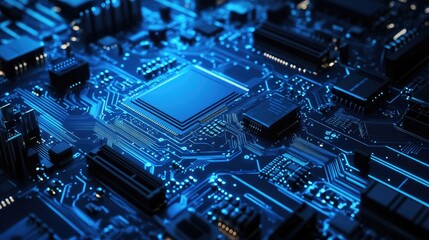 Tech-focused abstract background featuring a computer motherboard with blue circuit lines and electronic details. Emphasizing advanced tech and innovation.