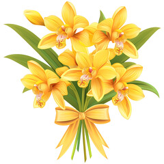 Naklejka premium Illustration of a yellow orchid bouquet tied with a ribbon, in a clipart PNG transparent background.