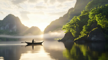 A lone boatman rows across a serene lake surrounded by lush green mountains under a golden sky at sunrise.