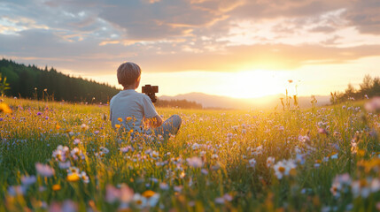 Fototapeta premium Child sits in a wildflower field, capturing the stunning sunset with a camera, surrounded by nature's serene beauty and vibrant colors.