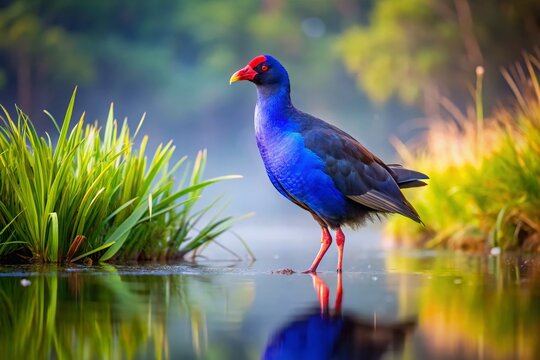 Vibrant purple-blue plumage of a pukeko bird, standing on a misty wetland, surrounded by lush green vegetation, with