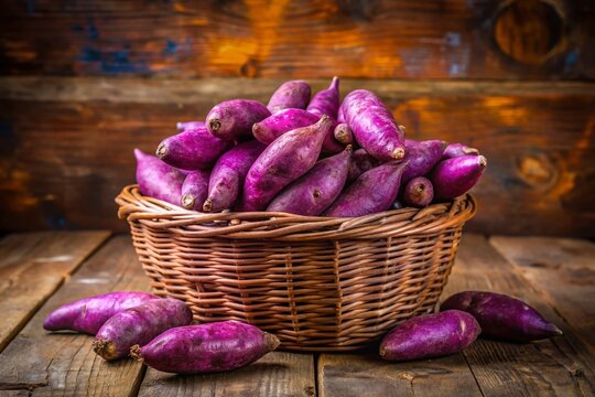 Vibrant purple sweet potatoes, also known as camote morado, are arranged in a basket, overflowing with freshness,