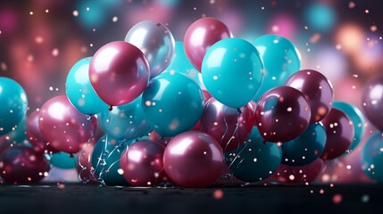 Blue, Violet and Turquoise Balloons Rising in the Air. Modern, Celebration Wallpaper.