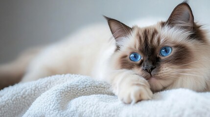 A fluffy Birman cat with striking blue eyes lounging on a soft pastel blanket, light solid color background