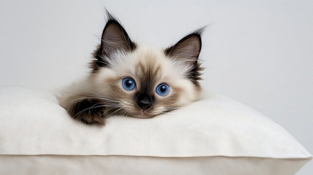 A playful Birman kitten curiously peeking out from behind a pillow, light solid color background