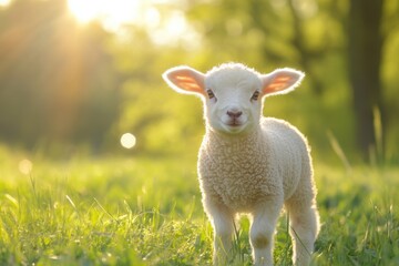 Fototapeta premium Cute young lamb standing in a sunlit field