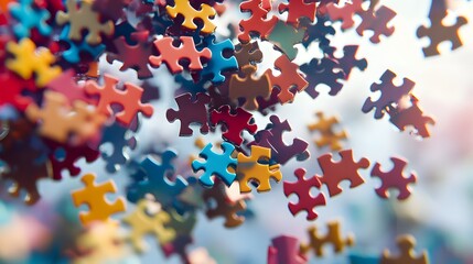 Floating Puzzle Pieces: Colorful puzzle pieces floating in mid-air, starting to connect, creating an abstract pattern that is still forming. 
