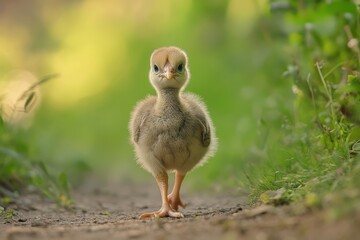 Adorable baby turkey with fluffy down feathers, walking on a dirt path