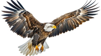 Obraz premium Eagle in flight, full-body shot, against a white background. Photorealistic, high-resolution image. 