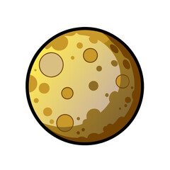 A yellow planet with a white background. The planet is round and has a lot of spots. It looks like a cartoon