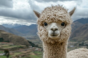 Obraz premium Cute baby alpaca in a mountainous landscape