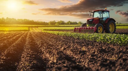 Obraz premium Tractor working in a field at sunset.
