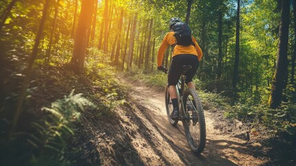 Naklejka premium adventurous man mountain biking on rugged forest trail showcasing extreme sports and outdoor recreation action photography