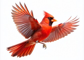 Fototapeta premium Vibrant red cardinal bird in flight, wings spread wide, set against a stark white background, ideal for logos,