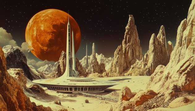 Futuristic Cityscape on an Alien Planet with a Large Orange Moon