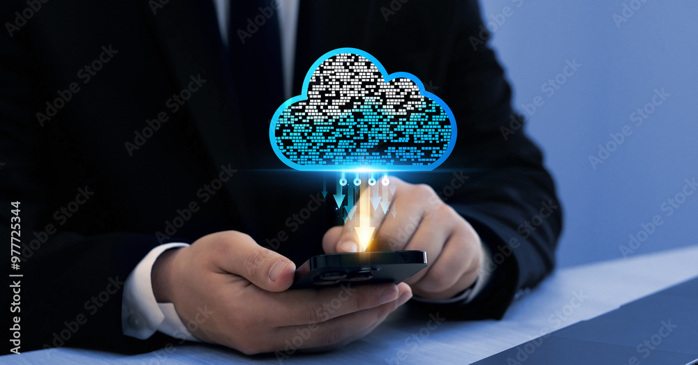Poster data storage and server upload. cloud computing technology. business data transfer.copy data to a ba