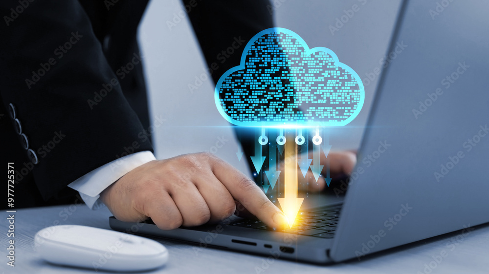 Poster data storage and server upload. cloud computing technology. business data transfer.copy data to a ba