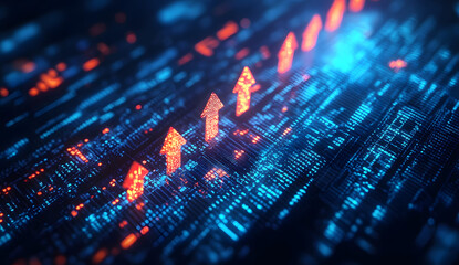 Obraz premium Digital blue background with upward arrows and financial graphs, representing growth in the stock market or finance industry.