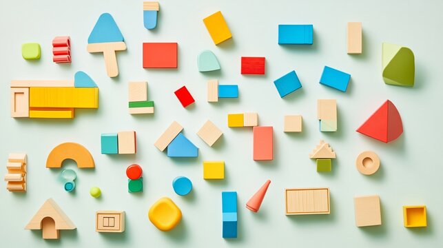 A set of building blocks in various shapes and sizes scattered playfully on a light solid color background, showcasing their vibrant colors and textures