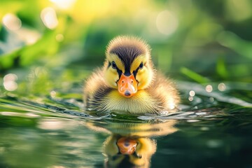 Cute fluffy baby duckling swimming in calm water