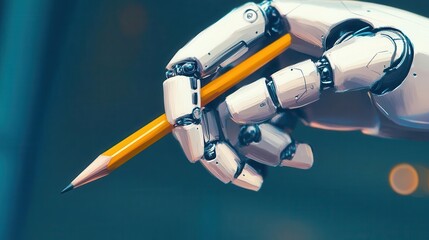 ai copywriting bot using chatgpt by openai for content creation robotic hand holding pencil concept illustration