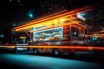 Food Truck at Night with Motion Blurred Light Trails