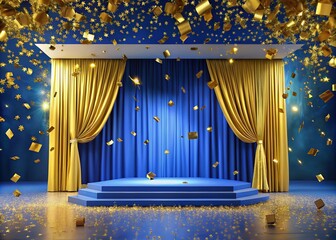 Vibrant stage with golden accents, blue drapes, and confetti-filled air, set against a bright blue sky, perfect for