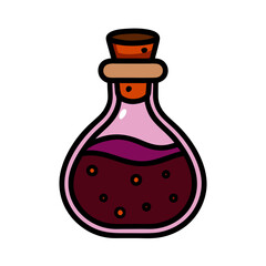 A cartoonish drawing of a bottle of purple liquid with a cork stopper. The bottle is filled with a dark purple liquid and has a label that reads 