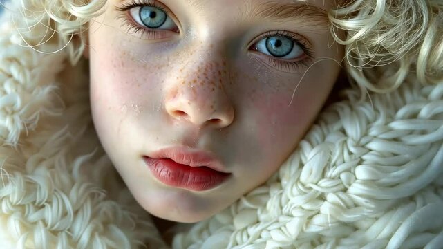 Pretty preteen girl with blue eyes and curly hair wrapped in a cozy white blanket