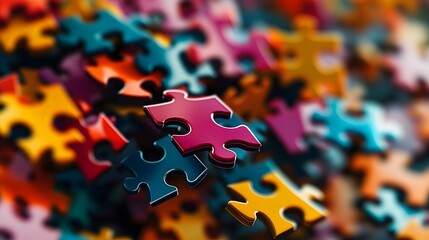 Floating Puzzle Pieces: Colorful puzzle pieces floating in mid-air, starting to connect, creating an abstract pattern that is still forming. 
