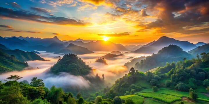 Vibrant sunrise illuminates a serene mountainous landscape with lush greenery and misty valleys, evoking a sense of