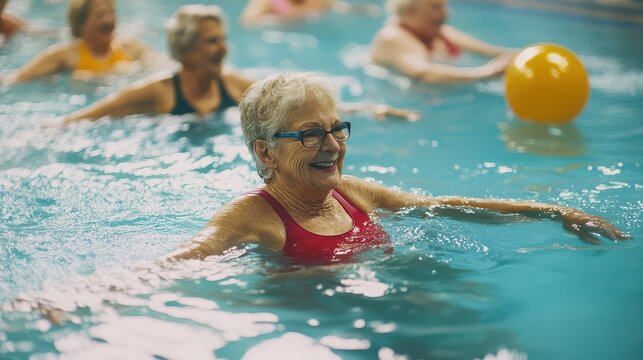 aqua aerobics class for vibrant seniors crystalclear pool water colorful exercise equipment laughter and camaraderie focus on active aging