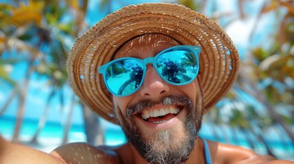 A joyful man with a beard enjoying a sunny beach day, surrounded by palm trees and ocean views