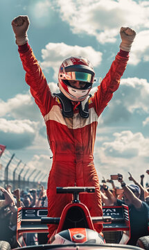 professional formula 1 racing driver pilot in red uniform and helmet celebrating victory, motorsport winner celebrate