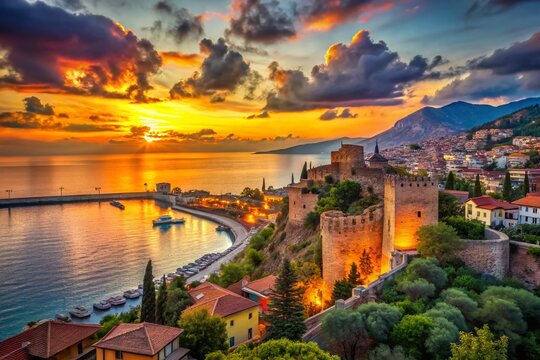 Vibrant sunset casts a warm glow over historic Alanya's scenic coastline, showcasing majestic medieval fortress,