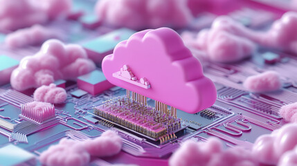 A pink cloud symbol perched on a computer chip represents cloud computing and data processing within a digital network environment.
