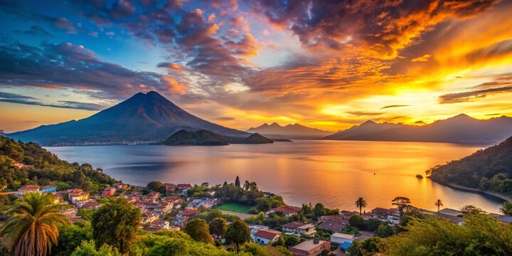 Vibrant sunset illuminates majestic mountainous landscape with serene Lake Atitl&aacute;n surrounded by lush greenery and
