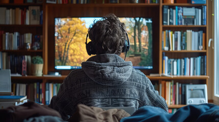 A student taking notes while watching an online lecture, with a laptop and study aids on a desk