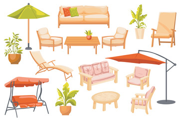 Outdoor furniture set elements in flat graphic design. Bundle objects of backyard wooden sofas with pillows, umbrella, armchairs and table, plants in pots, swing canopy and other. Vector illustration.