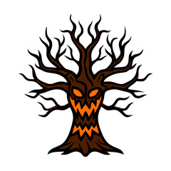 A tree with a face on it and a mouth that is open. The tree is brown and has orange markings