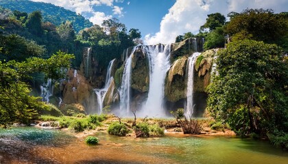 Fototapeta premium Majestic Waterfall in Lush Tropical Rainforest with Blue Sky and White Clouds