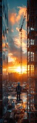 Construction worker standing on a platform in front of a building, real estate, vertical background