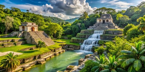 Fototapeta premium Vibrant tropical gardens surround ancient Mayan ruins, sparkling waterfalls, and exotic wildlife in a stunning Mexican