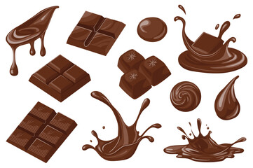 Chocolate set elements in flat graphic design. Bundle objects of sweet brown cocoa melting, chopped dark chocolate bars, candy, droplets, flowing streams, liquid cream splashes. Vector illustration.