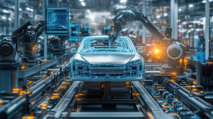 automotive precision robotic arms assemble sleek electric vehicles on hightech production line holographic displays monitor progress futuristic factory setting